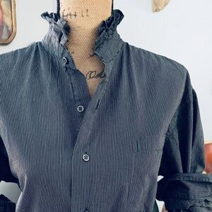 Mens Reworked Black and White Striped Ruffle Collar Long Sleeve